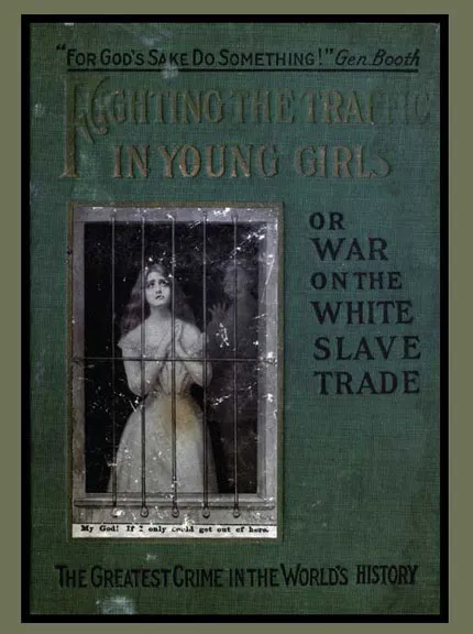 A poster from the early 1900s showing a frightened young white woman behind bars. Behind her is the shadowy figure of the brown man who has imprisoned her.