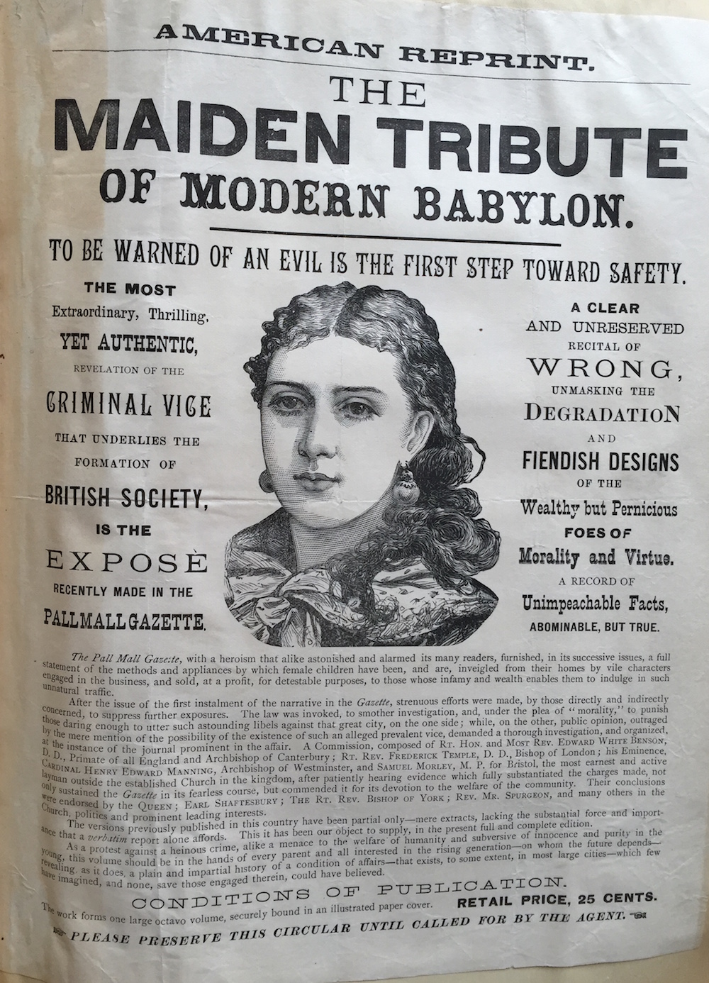 A newspaper front page from 1885, with black text on white background, including an in engraved image of a young white woman's face in the centre. The text decrys the horrors of the 'white slave trade'.