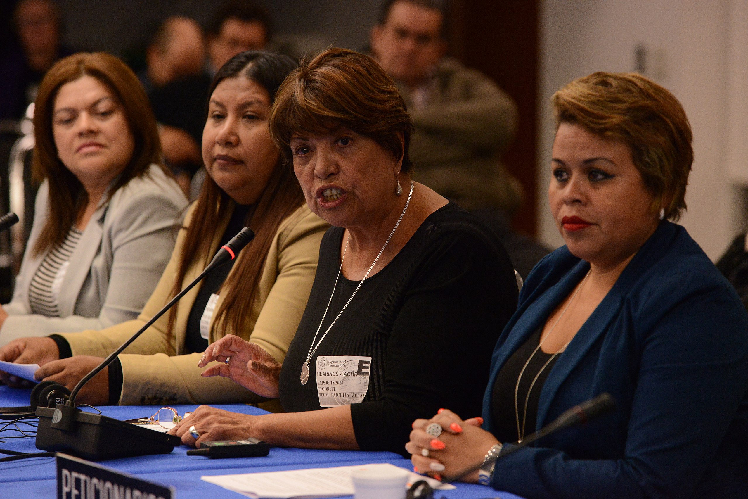 four women sit at a conference desk, and one of them is speaking into a microphone.