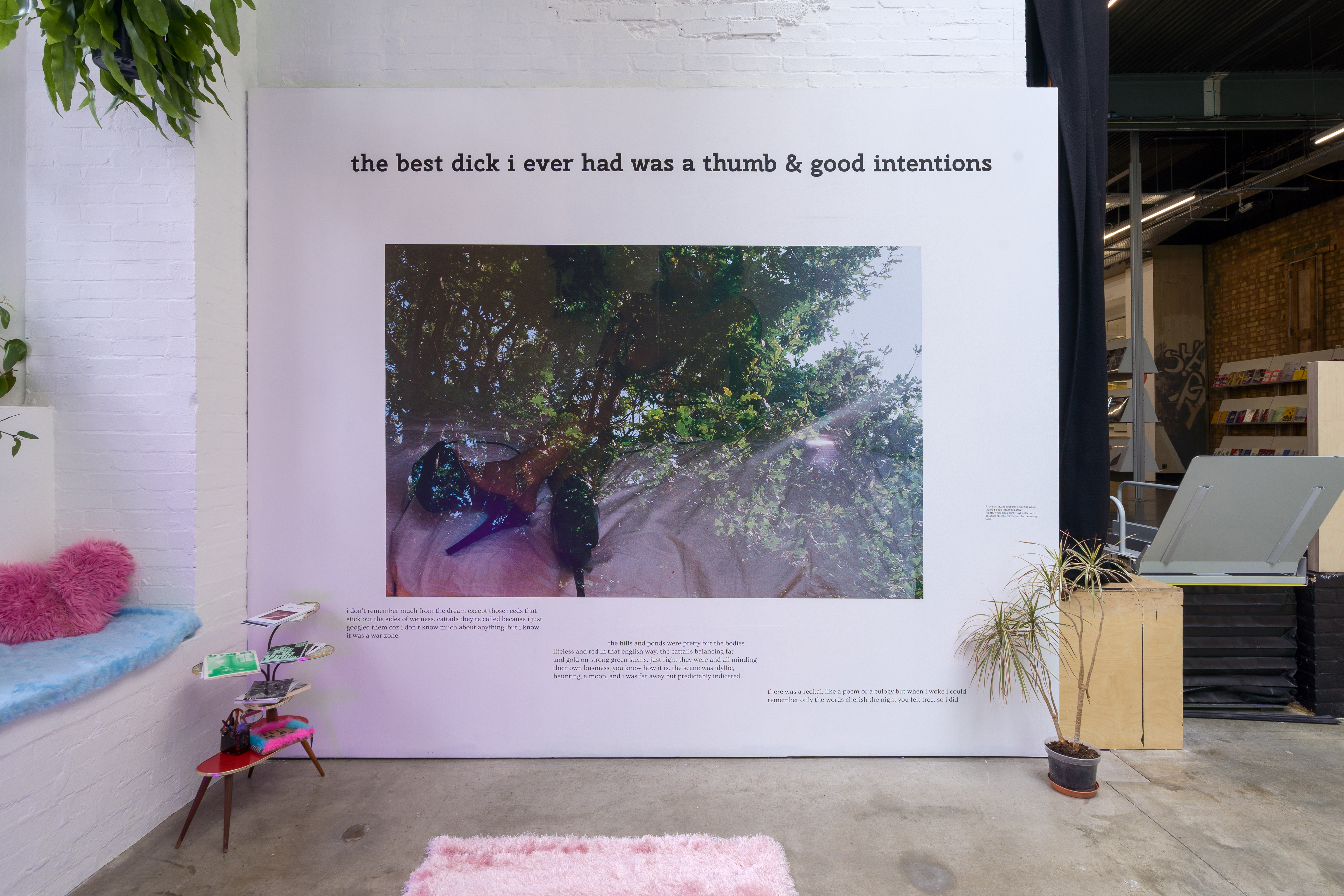 The wall of a gallery space featuring art work by Aisha Mirza. The text reads: 'the best dick I ever had was a thumb and good intentions'.
