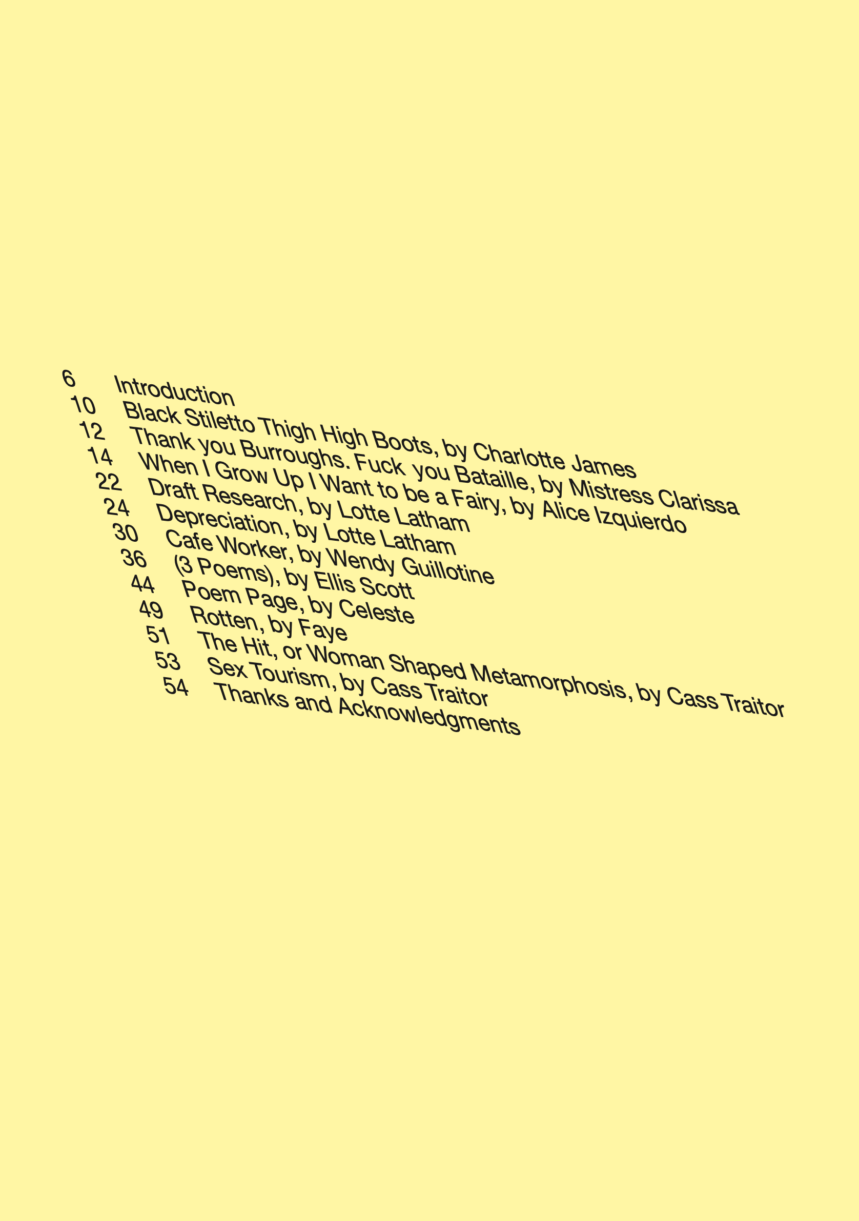 A peach-coloured background with slanted black text listing the contents of the second Writing Our Futures zine.